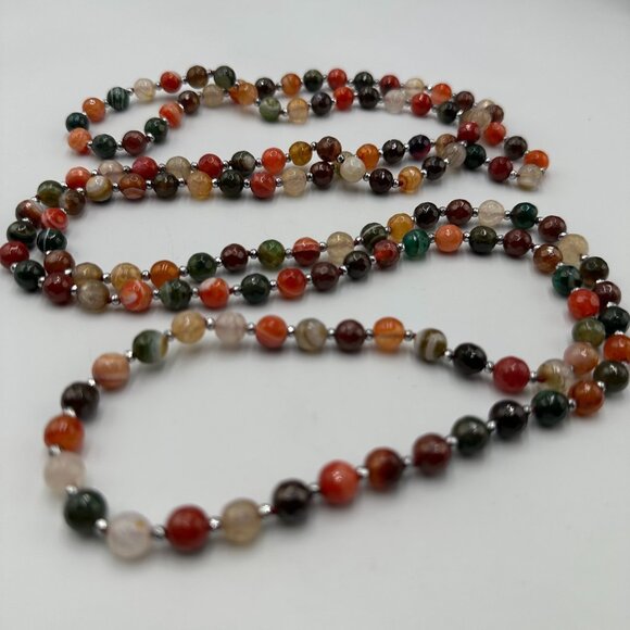 Multicolor Agate Gemstone Necklace Faceted Round Beads Polished Long 60 Inch - Picture 2 of 12